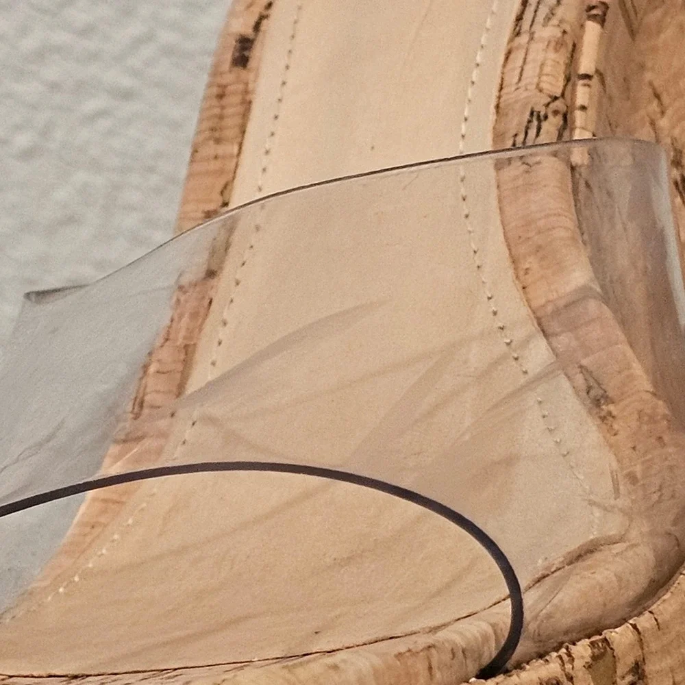 Schutz Cork Platform Wedge Sandals Clear Vinyl Strap Mules Tan Beige Size 10B‎